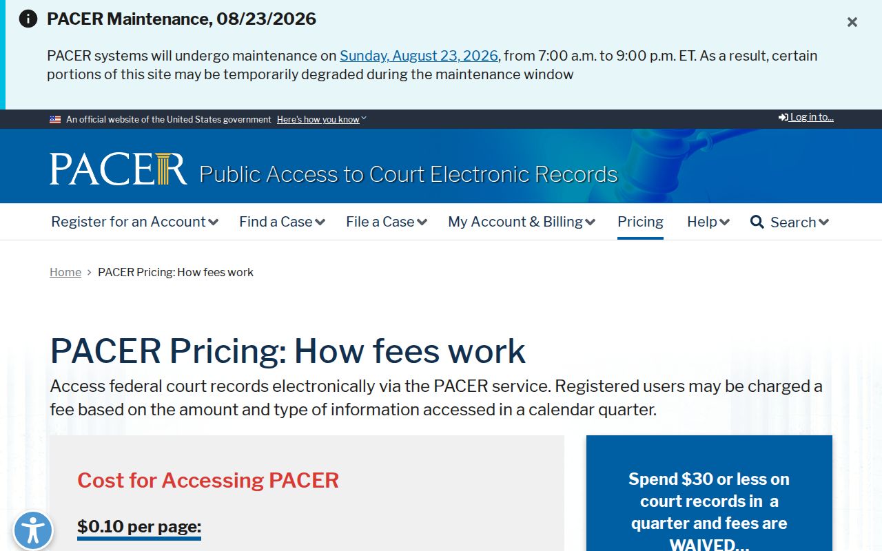 Clinton court docket federal PACER pricing page