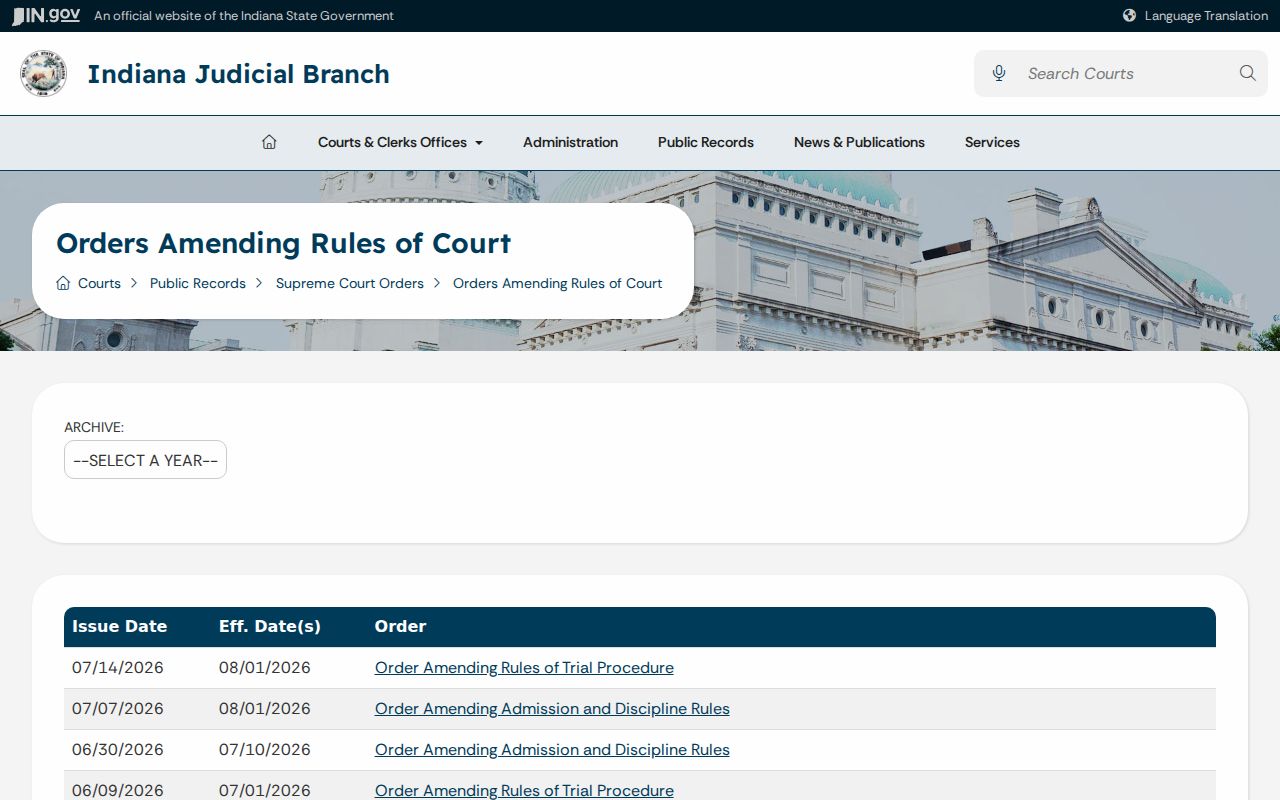 Perrysville court docket Indiana access rules orders archive