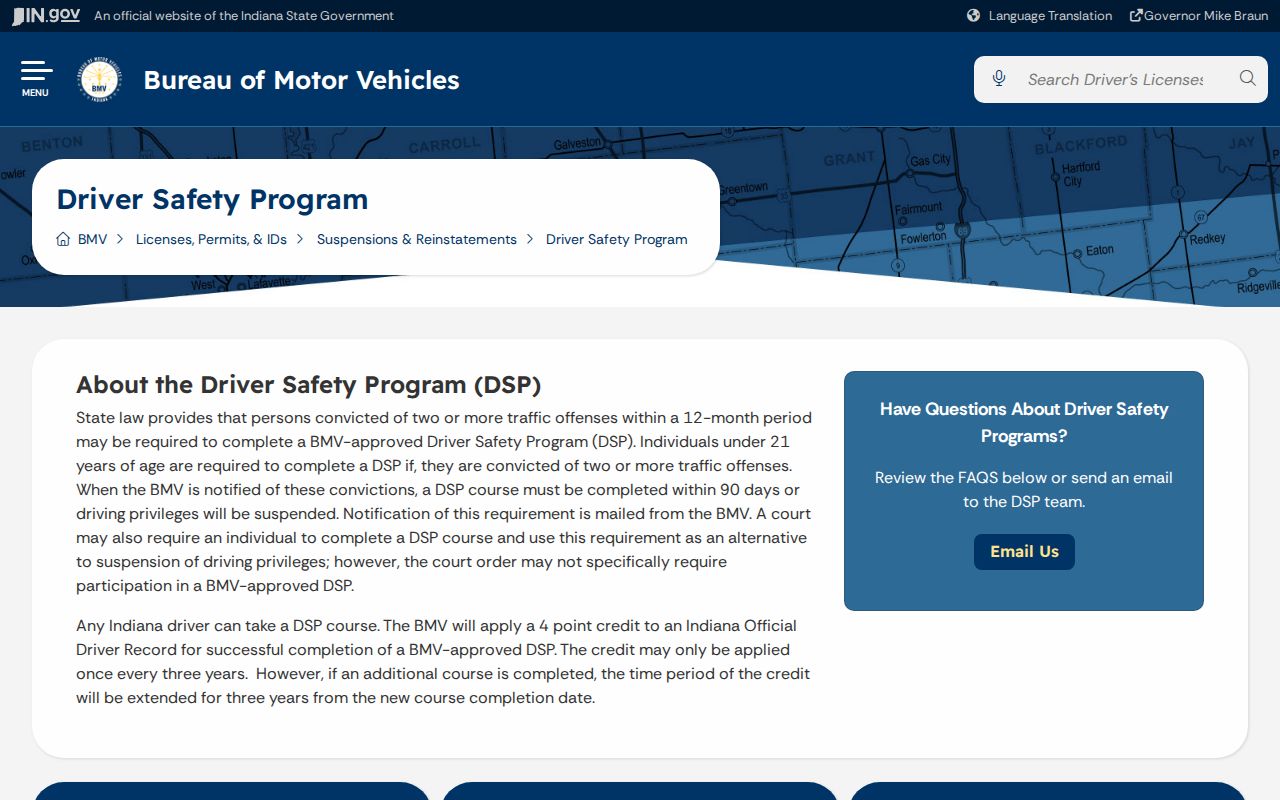 Indiana BMV Driver Safety Program information